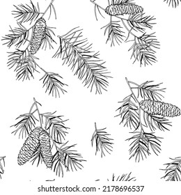 Monochrome forest vintage seamless background with branches and fir cones, vector illustration.