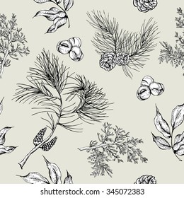 Monochrome forest vintage seamless background with spruce branches and fir cones, vector illustration