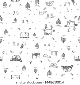 Monochrome fox vector repeated jungle tribal pattern for kids