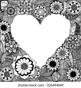 Monochrome Frame from abstract flowers in the shape of heart. Doodle background. Vector illustration