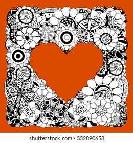 Monochrome Frame from abstract flowers in the shape of heart on red background. Doodle background. Vector illustration