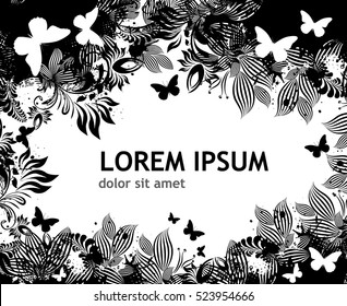 monochrome frame with flowers and butterflies. Vector 