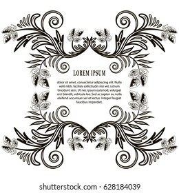 Monochrome frame of leaves and curls. Sample template design for an invitation or greeting card. Vector illustration.