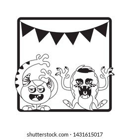 monochrome frame with monsters and garlands hanging