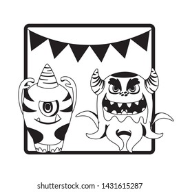 monochrome frame with monsters and garlands hanging