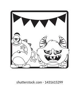 monochrome frame with monsters and garlands hanging