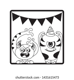 monochrome frame with monsters and garlands hanging