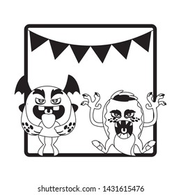 monochrome frame with monsters and garlands hanging