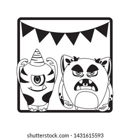 monochrome frame with monsters and garlands hanging