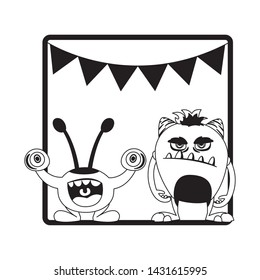 monochrome frame with monsters and garlands hanging