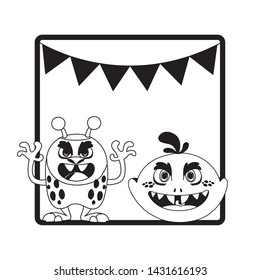 monochrome frame with monsters and garlands hanging