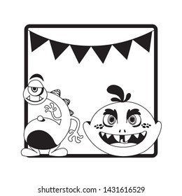 monochrome frame with monsters and garlands hanging