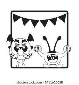 monochrome frame with monsters and garlands hanging
