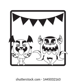 monochrome frame with monsters and garlands hanging