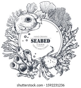 Monochrome frame with space for text and hand drawn underwater natural elements - reef corals, fish, crab in graphic sketch style. Black and white vector illustration and coloring page