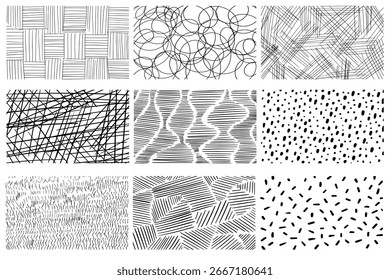 Padrão de hachura de mão livre monocromática. Textura desenhada à mão com tinta Doodle. Ilustração vetorial