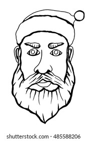 Monochrome freehand drawn cartoon tired santa claus face
