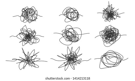 Monochrome Freehand Drawn Scrawl Sketch Set Vector. Collection Of Black And White Design Abstract Scrawl Scribbles, Chaos Doodles. Tangled Shapes Clutter Pencilling Flat Symbol Illustration