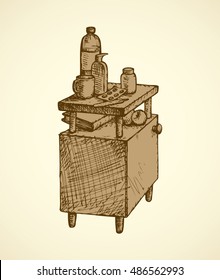 Monochrome freehand ink drawn picture sketchy in retro doodle style pen on paper. Aged infirmary pedestal with preparation remedy, thermometer, water, cup, books and apple isolated on white background