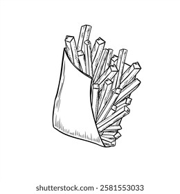 Monochrome French fries in paper package realistic graphic line art sketch. Black and white drawing of fried potato pile. American street unhealthy tasty food illustration for menu design, poster.