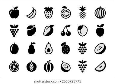 Monochrome Fruit Icons Set Featuring Apple Banana Strawberry Orange Pineapple Watermelon and Other Healthy Food Varieties