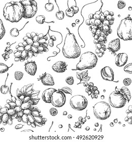 Monochrome fruit pattern. Hand drawn sketch of apple, pear, grape, quince, plum, apricot, cherry and berries. Seamless texture.