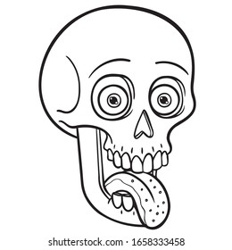 monochrome funny illustration of a skull with tongue out and crazy look.  Vectors, comic, Halloween, horror, coloring.