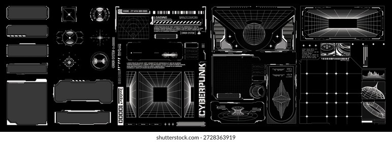 Interface HUD futurista monocromática definida com túneis de wireframe, gráficos de dados, grades e elementos de interface de usuário cyberpunk em um fundo preto, projetado para painéis de ficção científica, jogos e visuais técnicos.