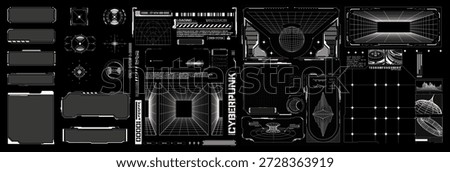Monochrome futuristic HUD interface set with wireframe tunnels, data charts, grids, and cyberpunk UI elements on a black background, designed for sci-fi dashboards, games, and tech visuals.