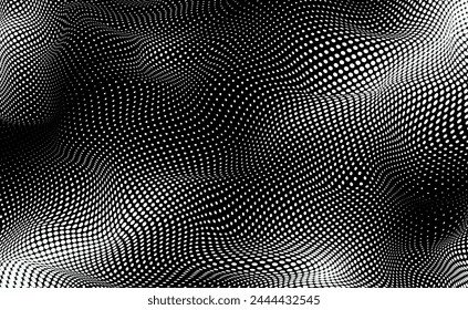 Monochrome futuristic pop art print. Optical dotted pattern with curved texture. Spotted halftone dot background. Wavy half tone effect. Black white banner. Abstract vector illustration.
