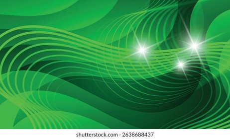 Monochrome futuristic wallpaper in green tones. Flashes of light, intertwining wavy lines on the background of overlapping abstract shapes and mixing tones. Vector.