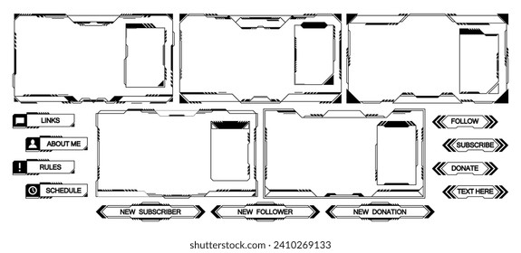 Monochrome Game Stream Panels. Twitch Streaming Overlay Frames For Gamers Leaderboard, Digital Screen