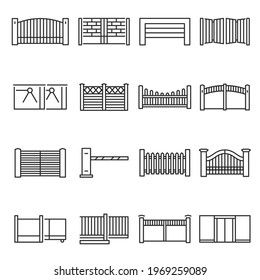 Monochrome Gates And Fences Icon Set Vector Illustration. Linear Simple Wood Fencing, Metal Profiled Sheet, Wire Mesh, Crowd Control Barricades Isolated. Outline Symbols Of Protection And Security