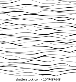 Monochrome geometric abstract design. Seamless pattern. Background with wavy stripes. Background with twisted elements. Black and white backdrop. Repeating simple linear waves. Modern stylish texture