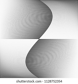 Monochrome geometric abstract halftone pattern. Dynamic lines and curves. Vector illustration with dots. Modern polka dots background. Template for print, fabric, textile