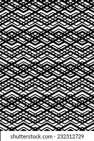 Monochrome geometric art seamless pattern, vector mosaic black and white interweave background. Symmetric illusive artificial backdrop.