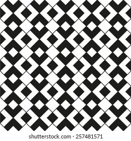 Monochrome geometric art seamless pattern, vector mosaic black and white interweave background. Symmetric illusive artificial backdrop.