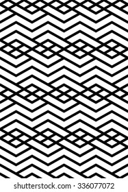 Monochrome geometric art seamless pattern, vector mosaic black and white interweave background. Symmetric illusive artificial backdrop.