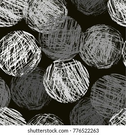 Monochrome geometric circle forms seamless pattern. Hand drawing round artistic grunge stroke figure. Vector chalk or pencil black and white sphere texture abstract background.