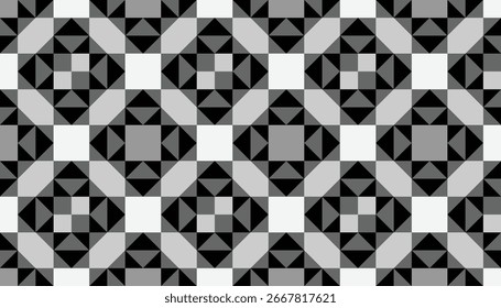 Um design geométrico monocromático com uma combinação de preto, branco e cinza. O motivo consiste em pequenos triângulos dispostos em quadrados e padrões de estrelas, criando um contraste, moderno e elegano