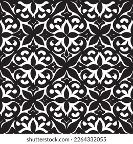 Diseño geométrico monocromo con elementos simétricos y líneas diagonales complementadas con formas florales antiguas. La decoración clásica y ornamentada es perfecta para una decoración tradicional o moderna
