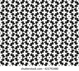 Monochrome geometric endless texture. Rectangles, circles and crosses. Sharp repetitive ornament. Seamless pattern for a background.