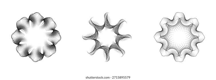 Monochrome geometric halftone mandala patterns with radial circular dotted wave ornaments set.