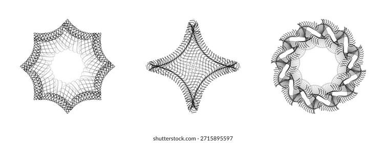 Patrones de mandala semitono geométrico monocromo con adornos de onda punteada circular radial.