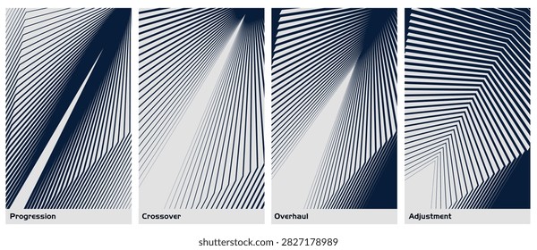 Monochrome Geometric Hexagon Poster Set with Cross-Hatch Line Patterns, Progression, Crossover, Overhaul, and Adjustment Vector Line Art, Abstract Optical Illusion Intersecting Grid Background Collection