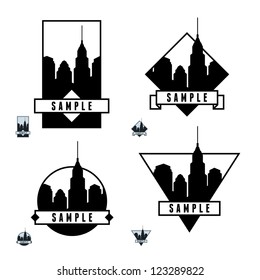 monochrome geometric label with skyscraper
