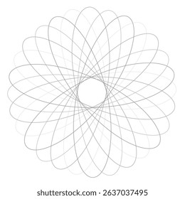 Monochrome geometric line art vector with editable strokes. Abstract grey spirograph pattern creating a delicate, symmetrical floral or rosette design.