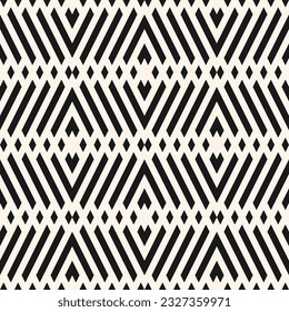 Monochrome geometric lines seamless pattern. Simple vector texture with grid, lattice, diagonal stripes, chevron, rhombuses. Abstract black and white linear graphic background. Repeat geo design