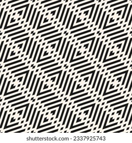 Monochrome geometric lines seamless pattern. Simple vector texture with grid, lattice, diagonal stripes, chevron, rhombuses. Abstract black and white graphic background. Modern endless repeat design