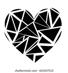 Monochrome Geometric mosaic broken heart shape in black and white 
